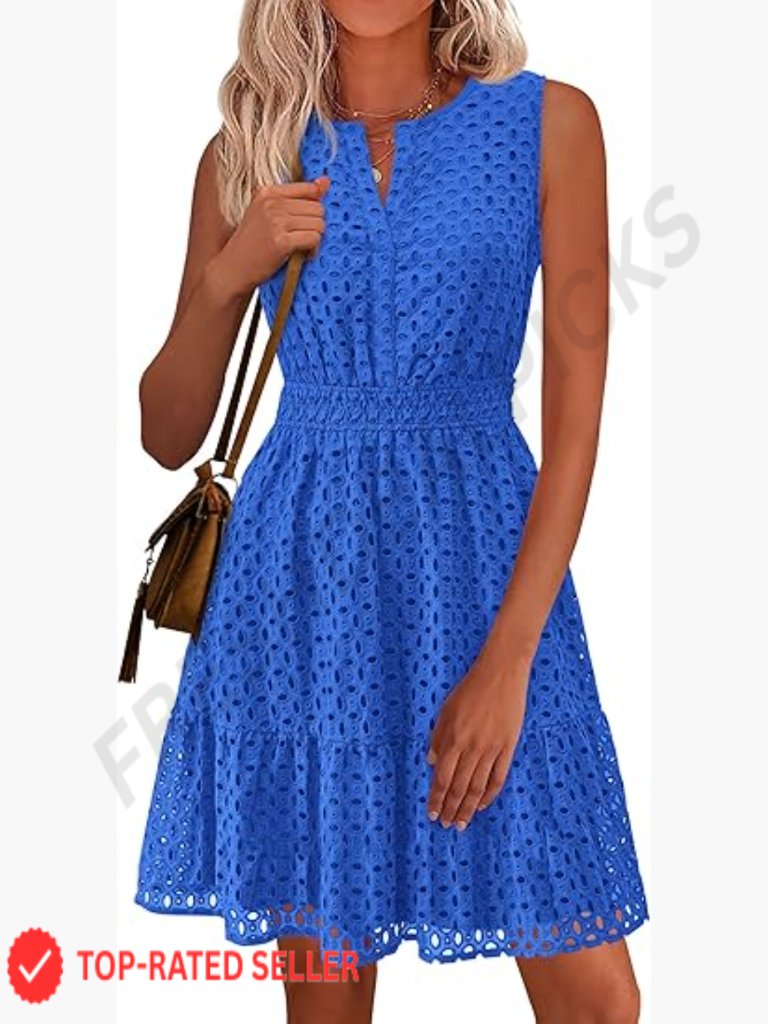 Sleeveless V Neck Eyelet Swing Dress Lightweight Cotton Beach Vacation